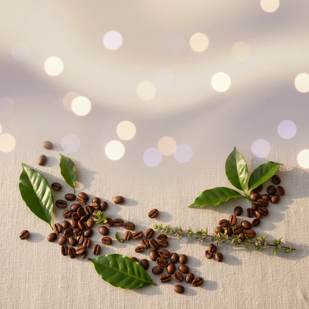 Coffee beans and green leaves on cream linen - editorial background