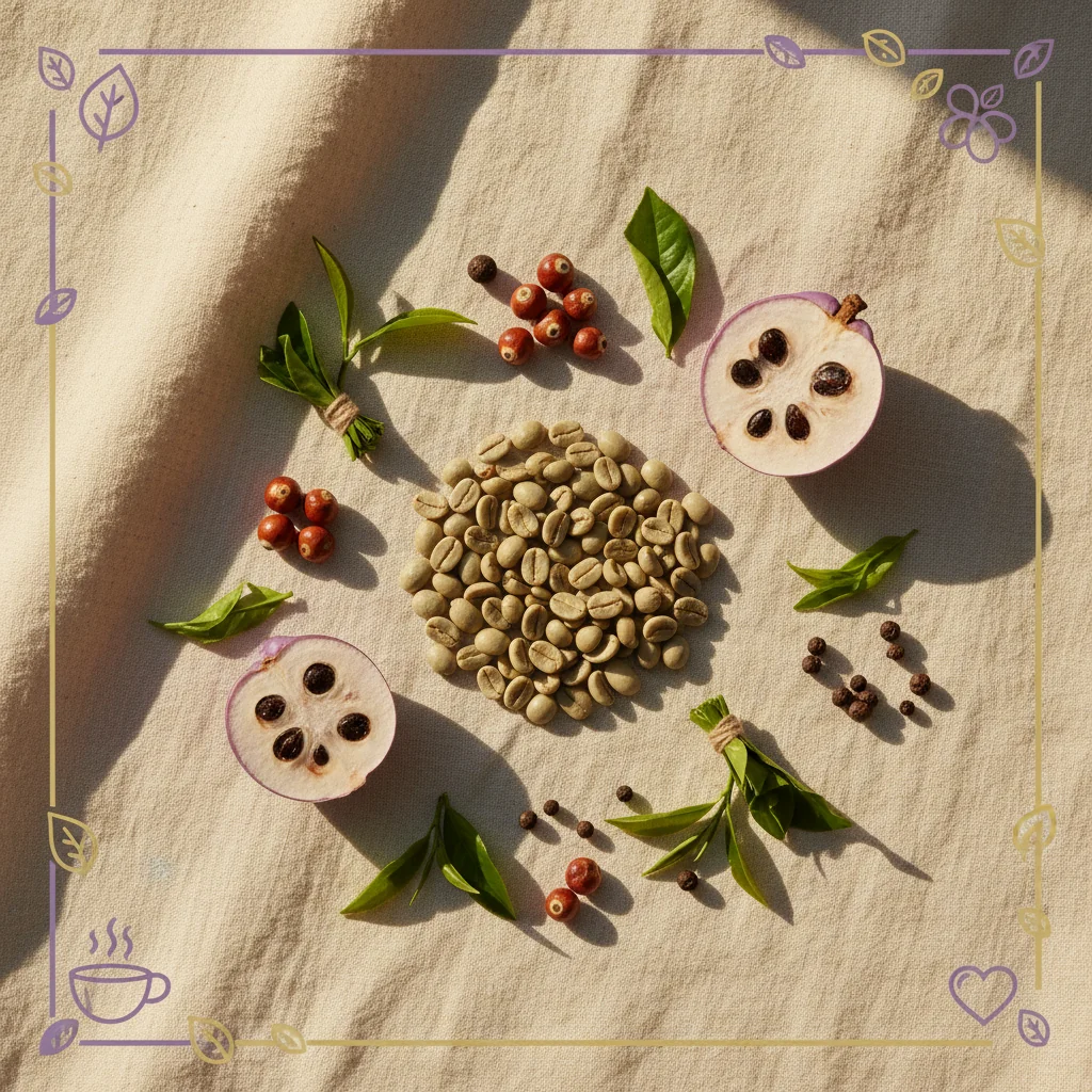 Flat-lay of green coffee beans, guarana seeds, garcinia cambogia and black peppercorns - plant extract energy supplement ingredients